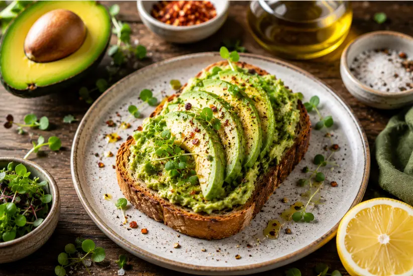 Come condire avocado toast con succo di limone, olio extravergine d'oliva, sale in fiocchi, pepe nero e peperoncino in scaglie su pane tostato