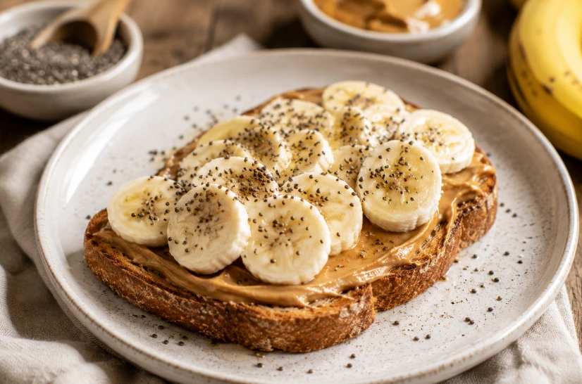 Avocado toast con banana, burro di arachidi e semi di chia per una colazione sana e ricca di energia.