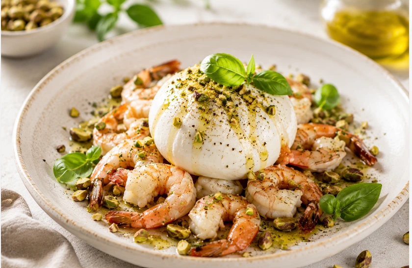 Avocado toast gourmet con burrata, gamberi e granella di pistacchio servito su pane tostato croccante.