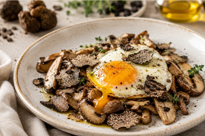 Avocado toast gourmet con funghi, uovo e scaglie di tartufo servito su pane artigianale tostato.