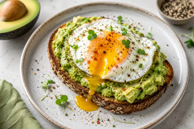Avocado toast proteico con uovo, avocado fresco e pane integrale tostato per una colazione ricca di proteine