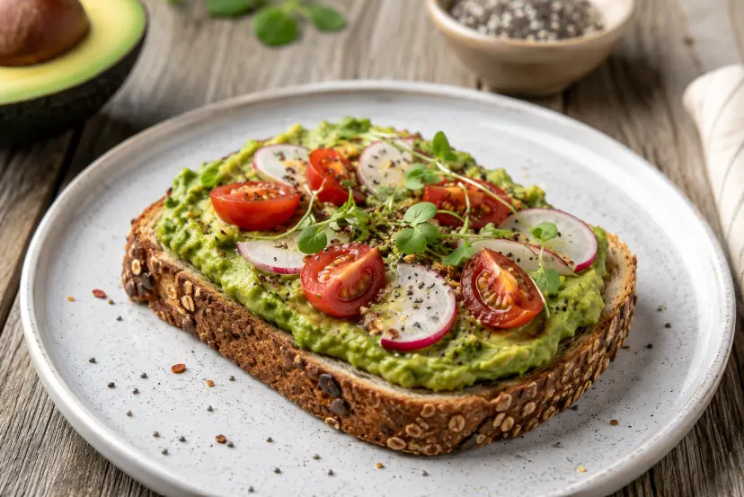 Avocado toast senza uovo con crema di avocado, pomodorini freschi, ravanelli e pane integrale tostato