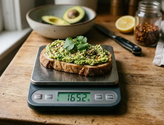 Un avocado toast preparato con pane artigianale ai cereali e crema di avocado posizionato al centro di una bilancia da cucina digitale che segna 165,2 grammi. Sullo sfondo, un tagliere di legno rustico con mezzo avocado, un limone tagliato e spezie.