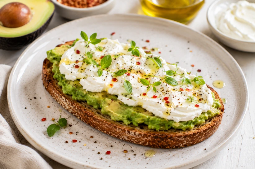 Avocado toast con Philadelphia cremoso spalmato su pane tostato con avocado fresco, olio extravergine d'oliva, pepe nero ed erbe aromatiche.
