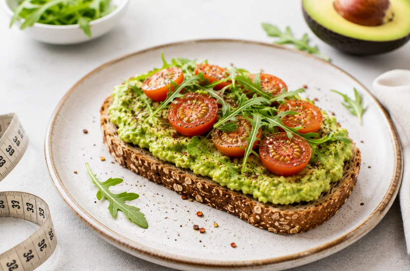 Avocado toast light preparato con pane integrale, avocado schiacciato, pomodorini freschi e rucola, servito su un piatto in ceramica con luce naturale.