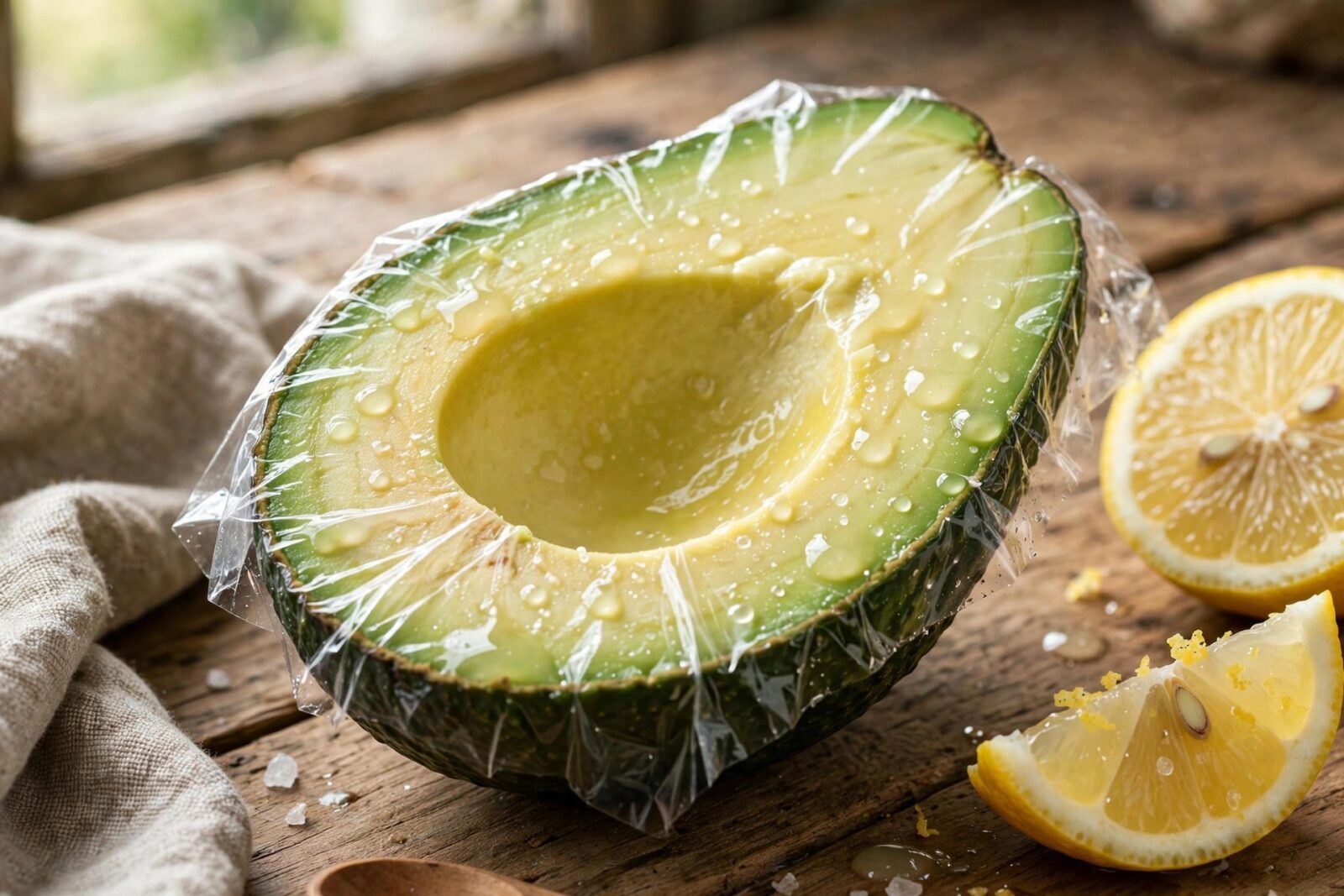 Metà di avocado coperta con pellicola a contatto, accanto a un limone tagliato