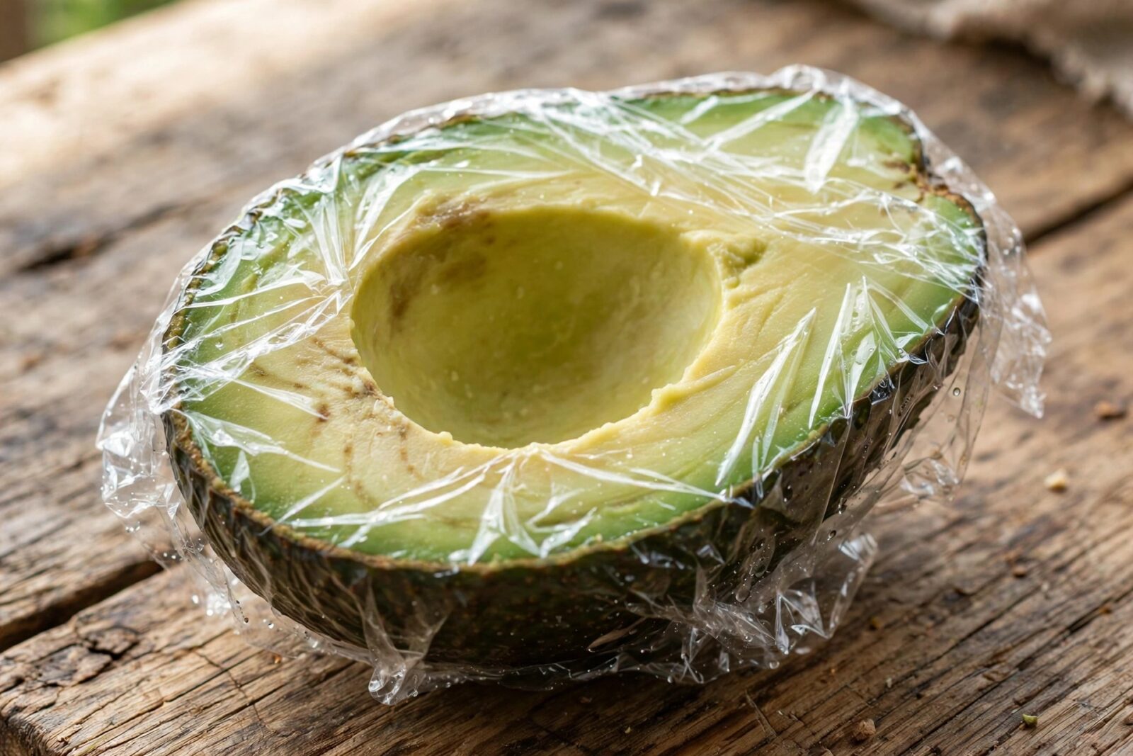 Metà di avocado coperta solo con pellicola trasparente
