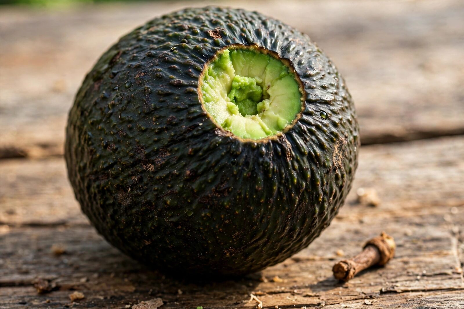 Avocado Hass con il picciolo tolto: sotto è verde chiaro, segno che è maturo