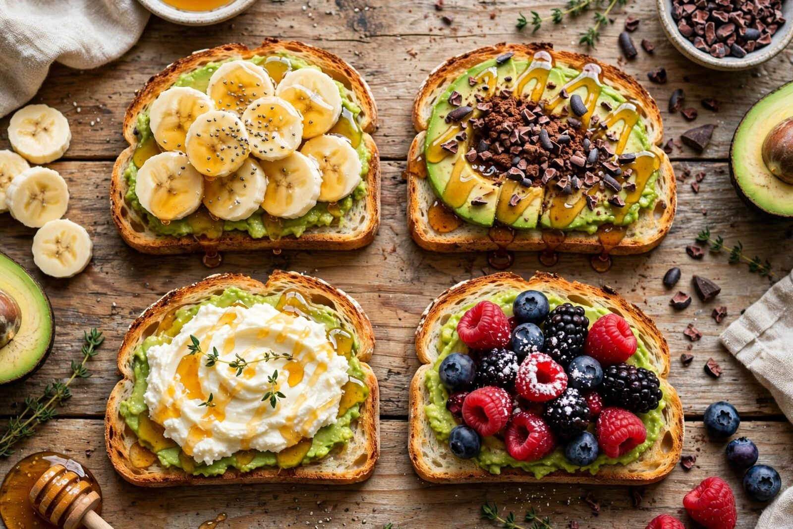 Quattro avocado toast dolci: con banana, miele e chia; con cacao e miele; con ricotta, miele e timo; con frutti di bosco