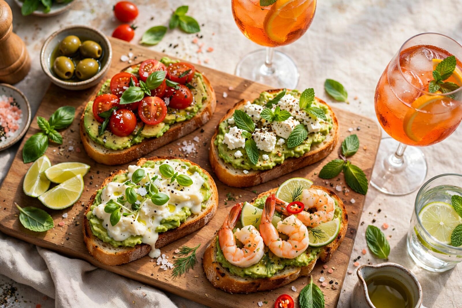 Quattro bruschette con avocado su tagliere: pomodorini e basilico, feta e menta, stracciatella, gamberi e lime