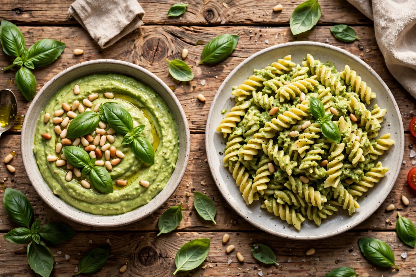 Ciotola di pesto di avocado con pinoli e basilico accanto a un piatto di fusilli al pesto di avocado