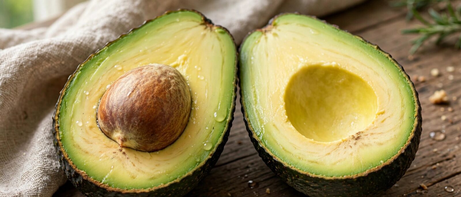 Avocado maturo tagliato a metà: polpa verde-giallo cremosa e nocciolo