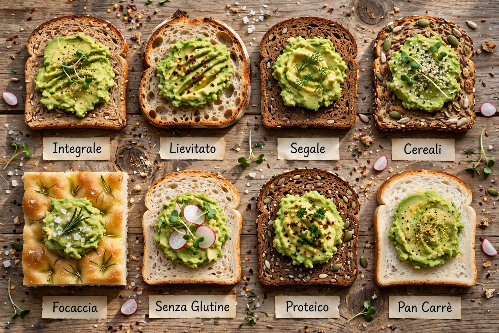 Otto tipi di pane con avocado schiacciato: integrale, lievitato, segale, cereali, focaccia, senza glutine, proteico e pan carrè