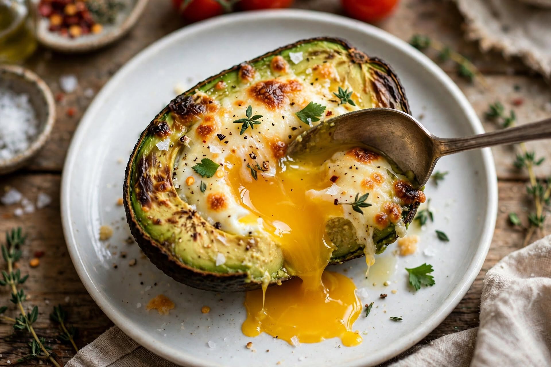 Cucchiaio che rompe il tuorlo morbido di un avocado al forno con uovo
