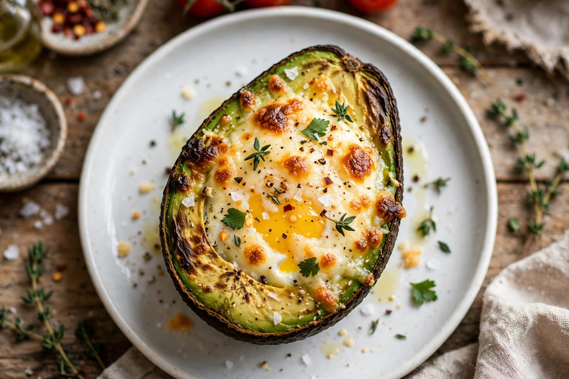 Mezza avocado al forno con uovo, formaggio gratinato, timo e prezzemolo su piatto bianco, vista dall'alto