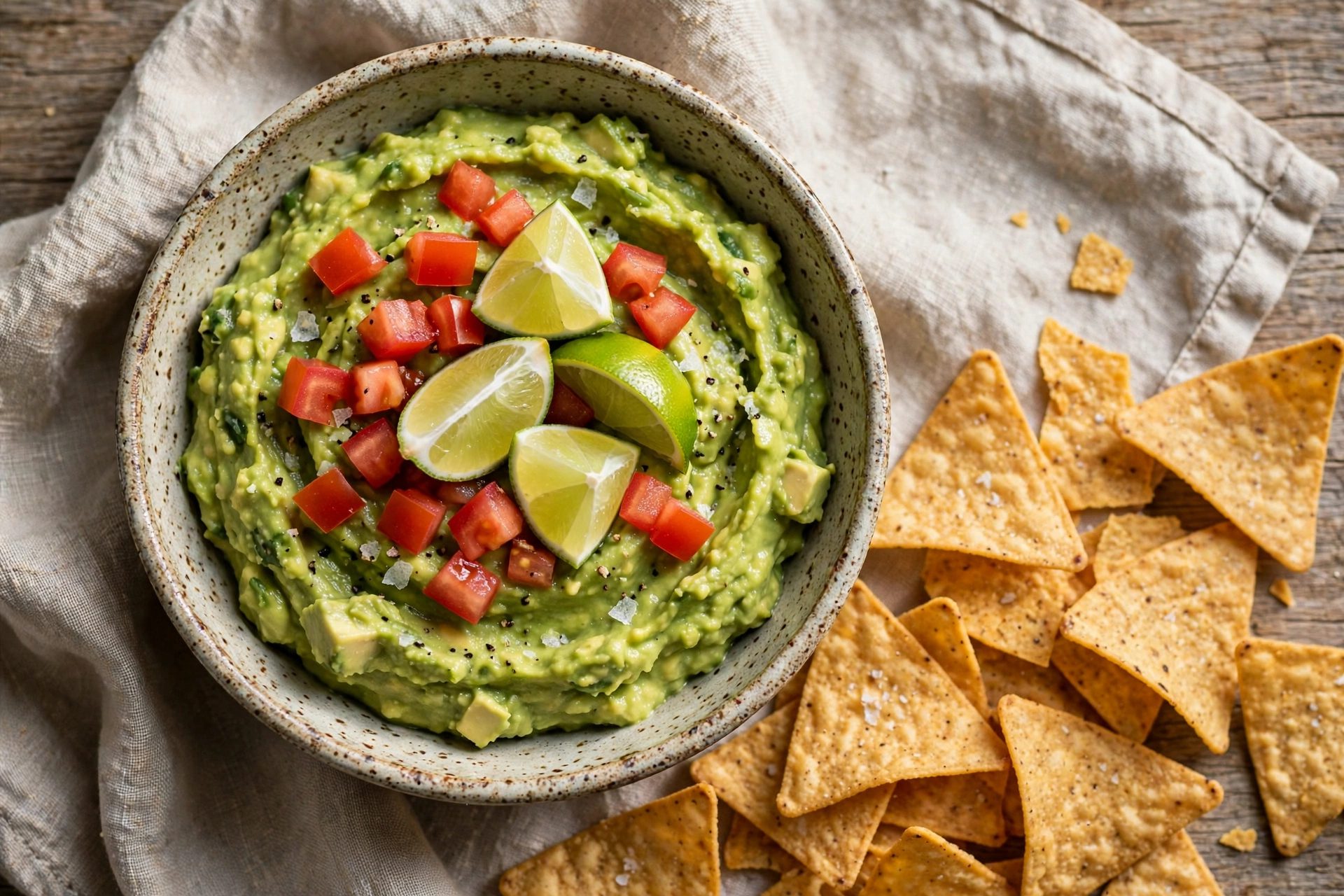 Guacamole in una ciotola di ceramica con pomodoro a cubetti e spicchi di lime, accanto a nachos di mais